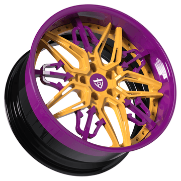 Custom 2-piece forged Maserati wheel RM-01 in purple and gold, perfect for Granturismo upgrades and luxury performance.